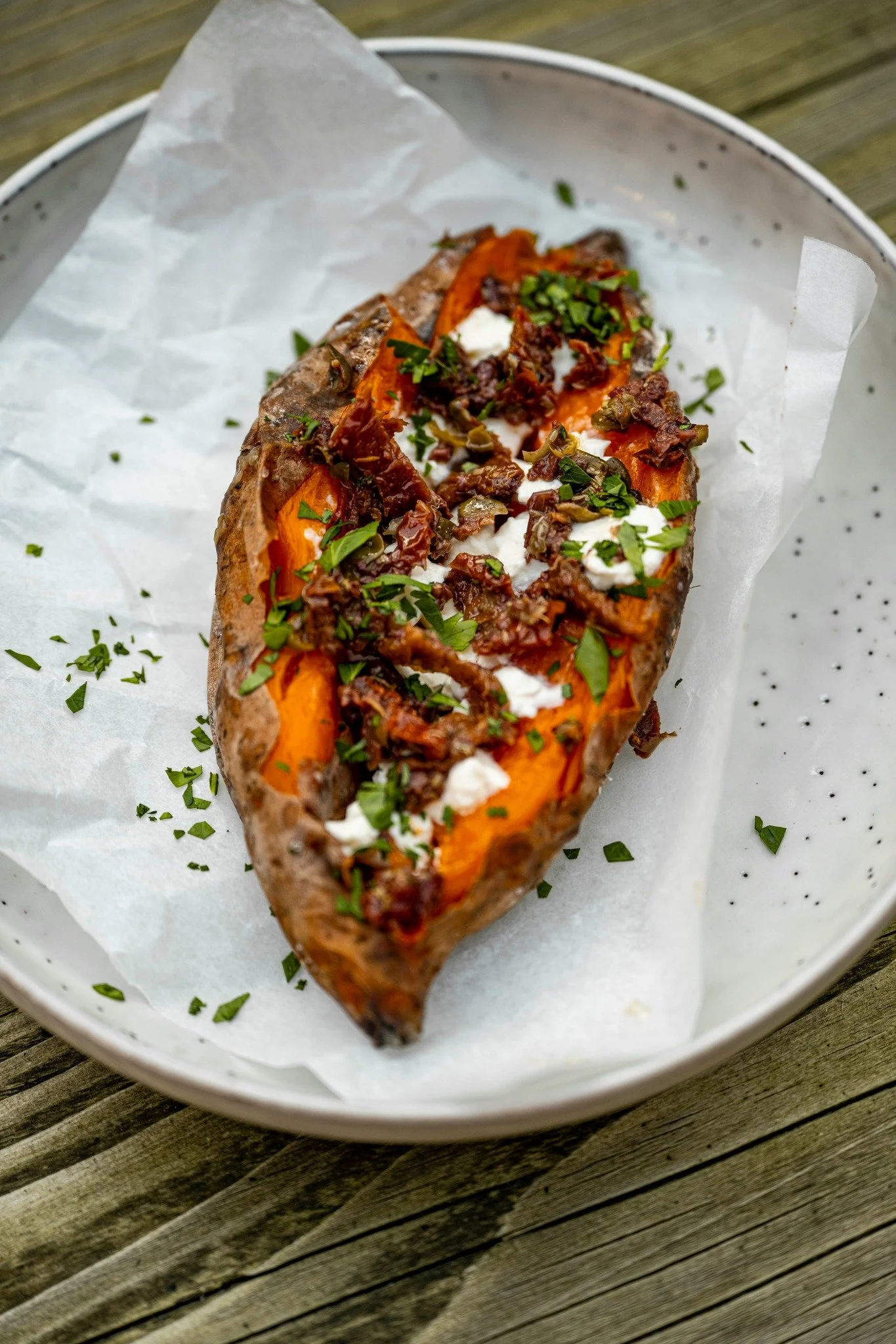 🍠 BBQ baked Bellevue sweet potato. Wrap a Bellevue sweet potato in aluminium foil and bake it on the BBQ (or in the oven) for about 45&ndash;60 minutes at 200&deg;C, until soft and creamy inside.

Slice it open and fill with:
&bull; feta
&bull; sun-