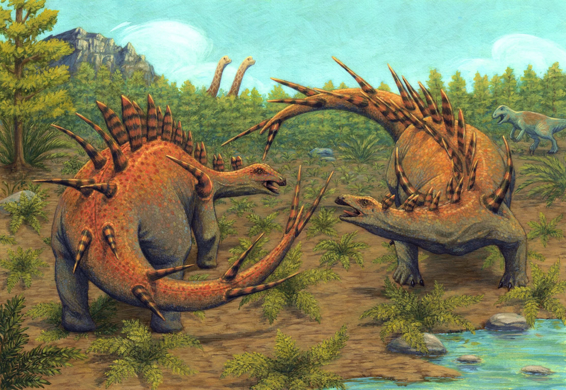 Illustration of a prehistoric scene with Kentrosaurus aethiopicus, including stegosaurus and other long-necked dinosaurs, near a riverbank with greenery and distant mountains under a blue sky.