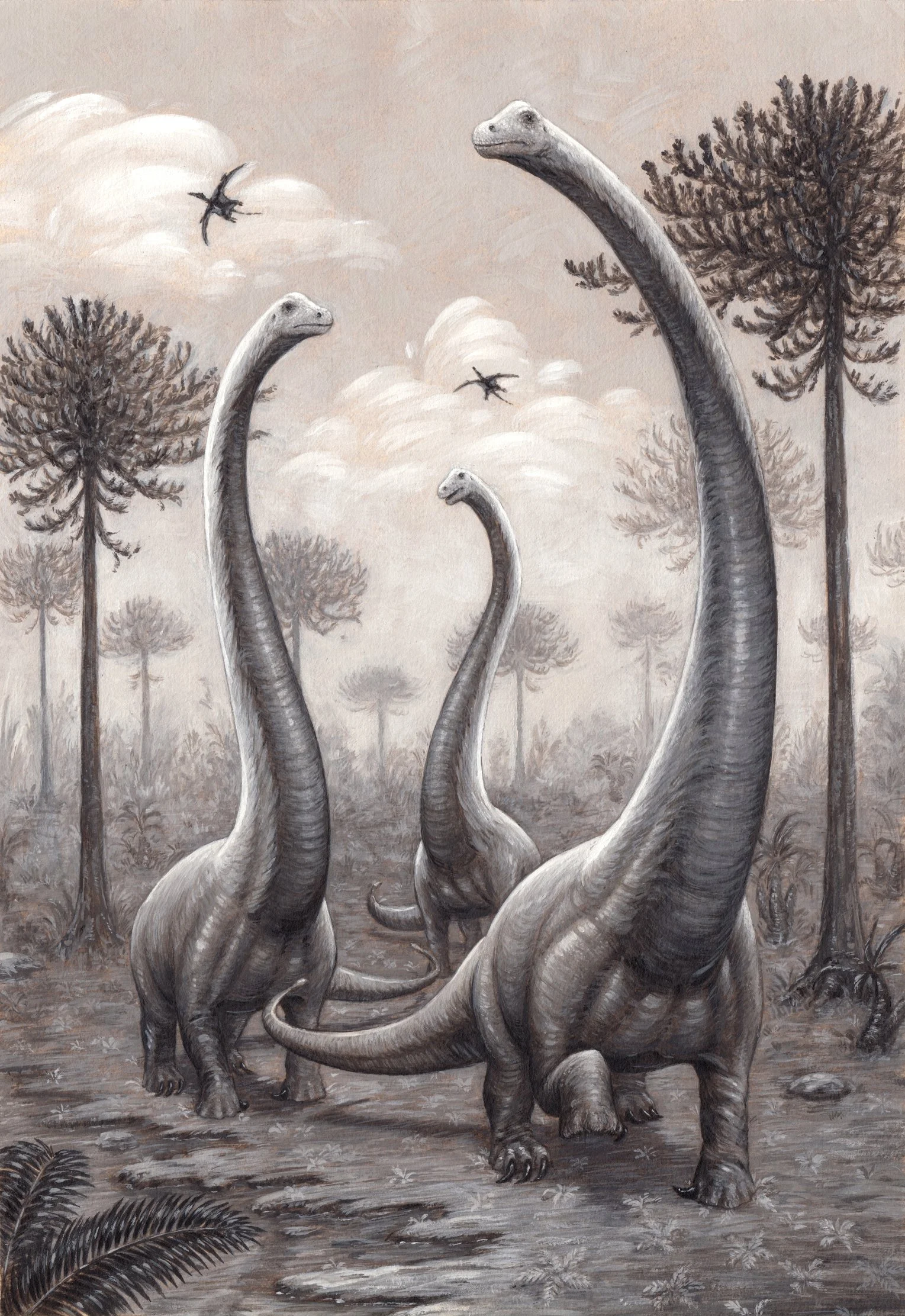 Painting of three xinjiangtitan shanshanesis dinosaurs in a prehistoric forest with trees and flying pterodactyls in the background.