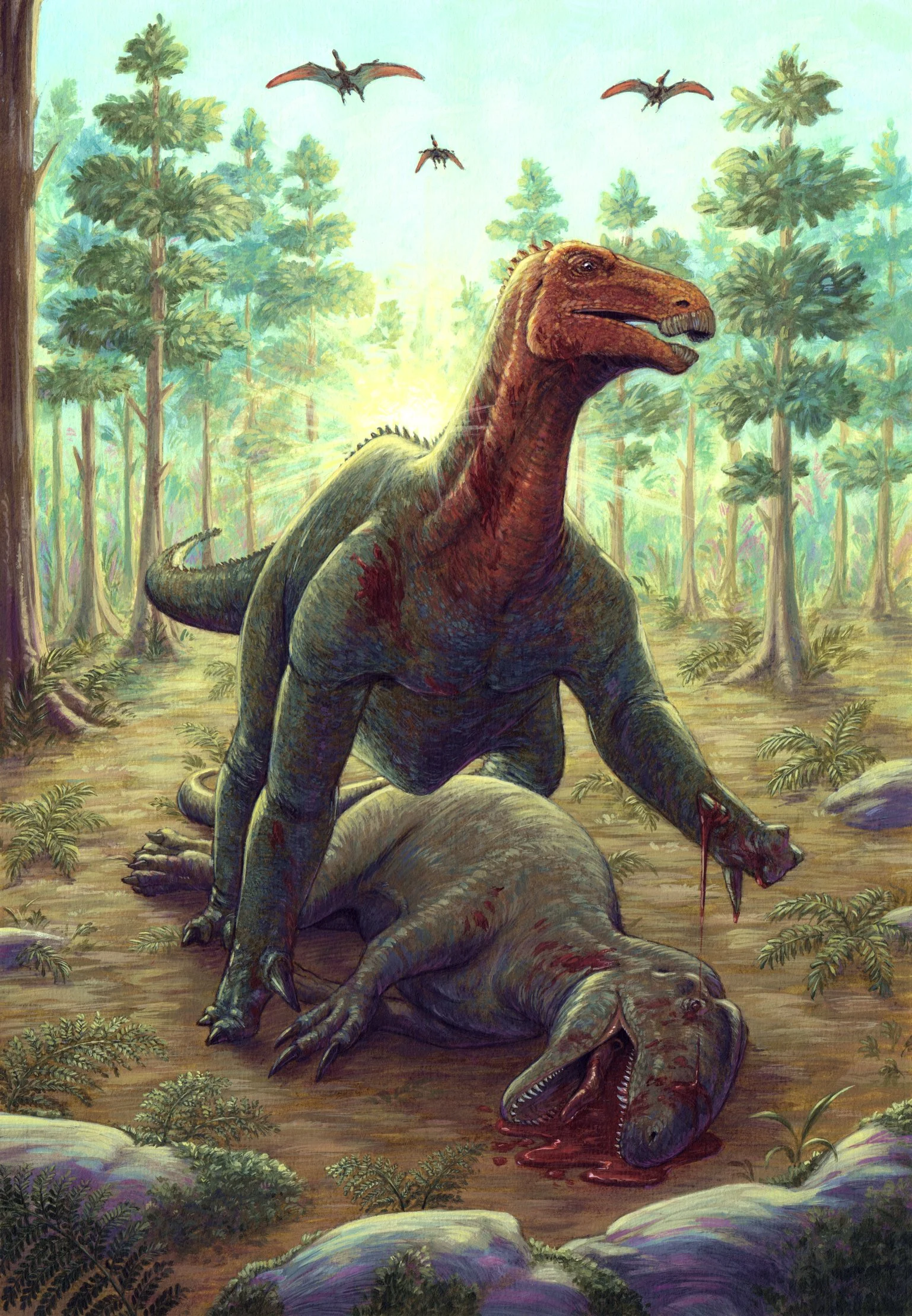 Illustration of a T-Rex dinosaur standing over a fallen dinosaur with blood on its mouth in a prehistoric forest with trees and flying pterodactyls.