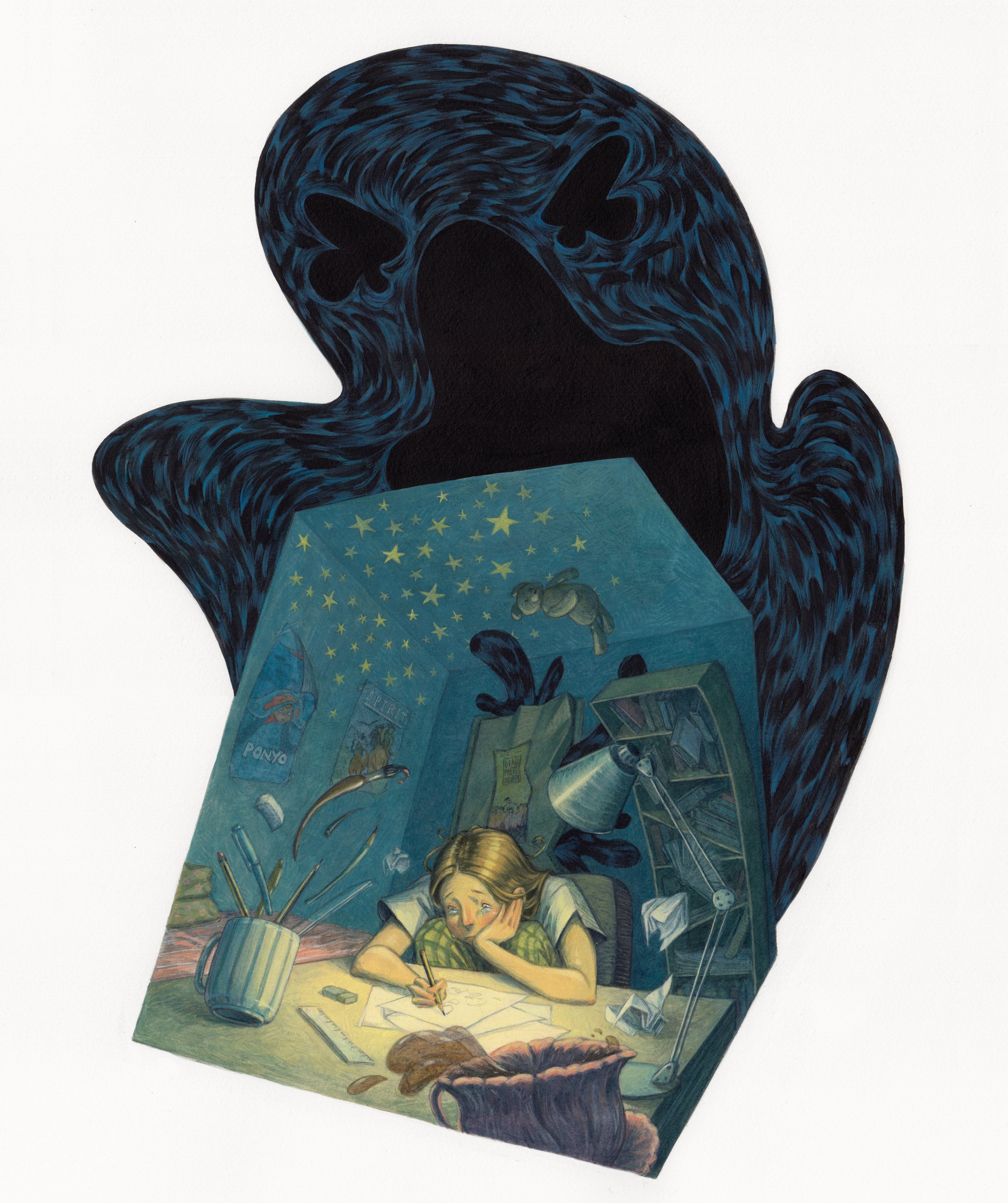 Artwork depicting a girl drawing at a cluttered desk, crying. Behind her is a dark, swirling shadowy figure looming above.