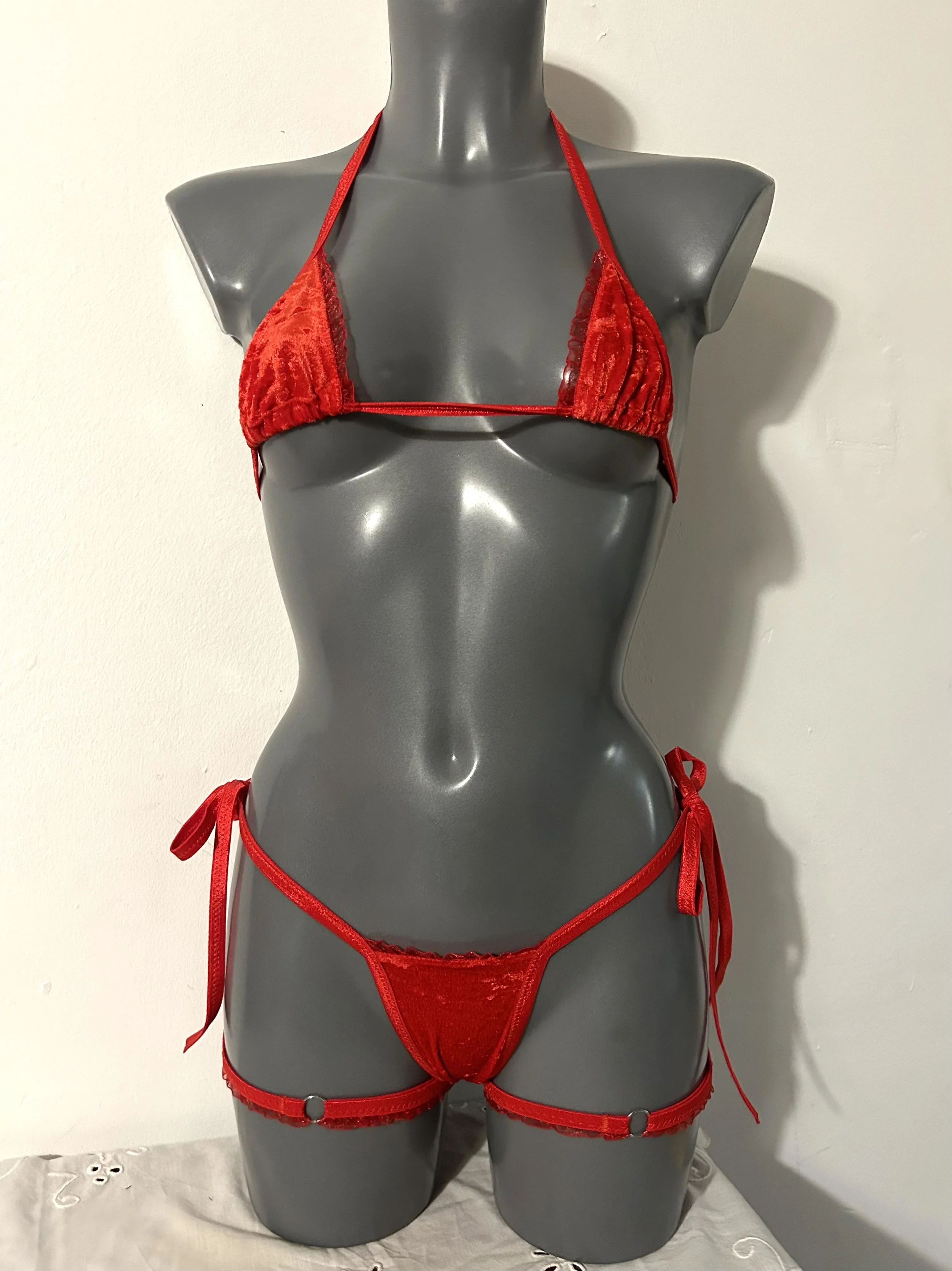 Crushed Velvet Cherry Red Micro Ruffle Kini