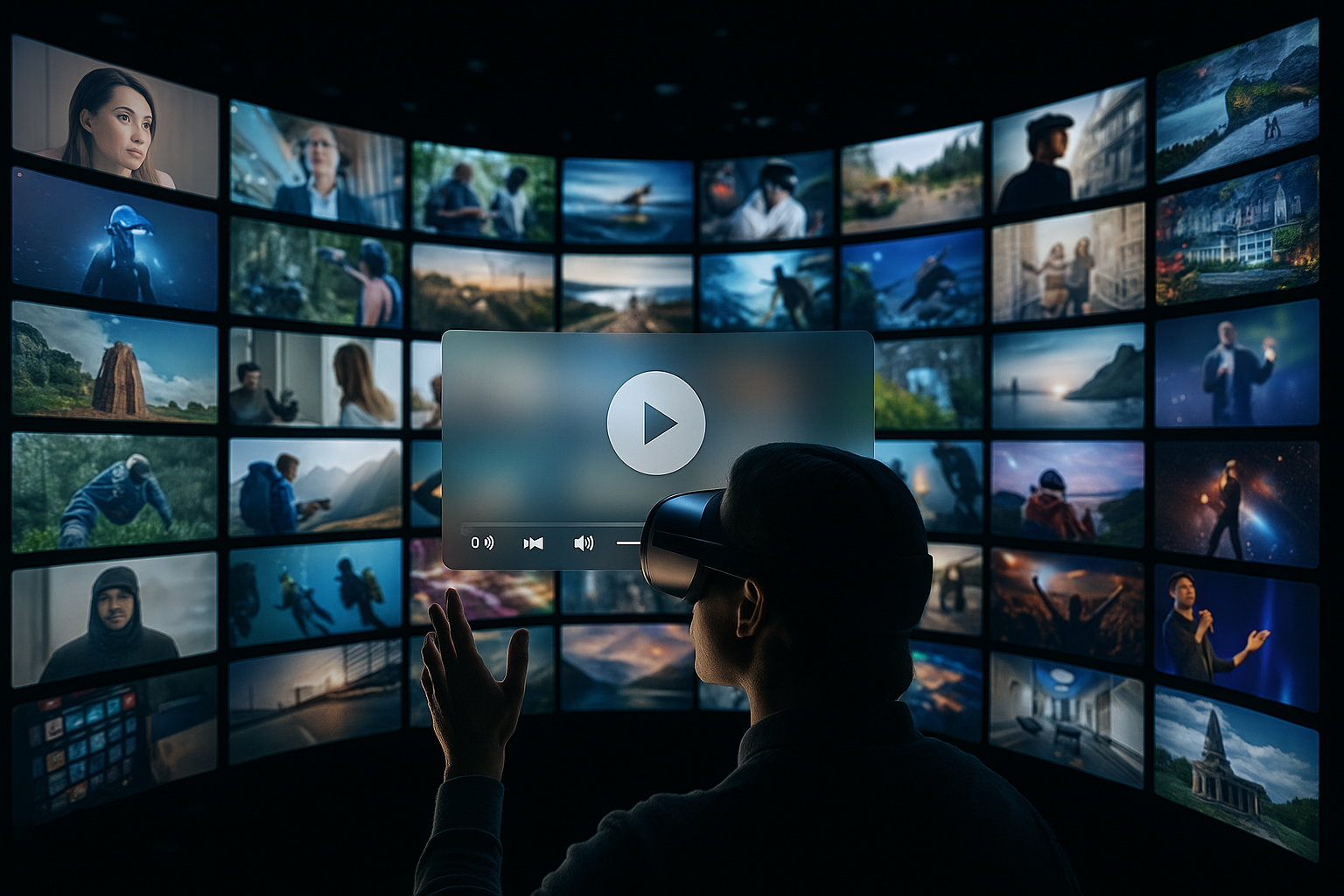 Person wearing virtual reality headset in front of multiple screens displaying various video images, with a large floating video player interface in the foreground.