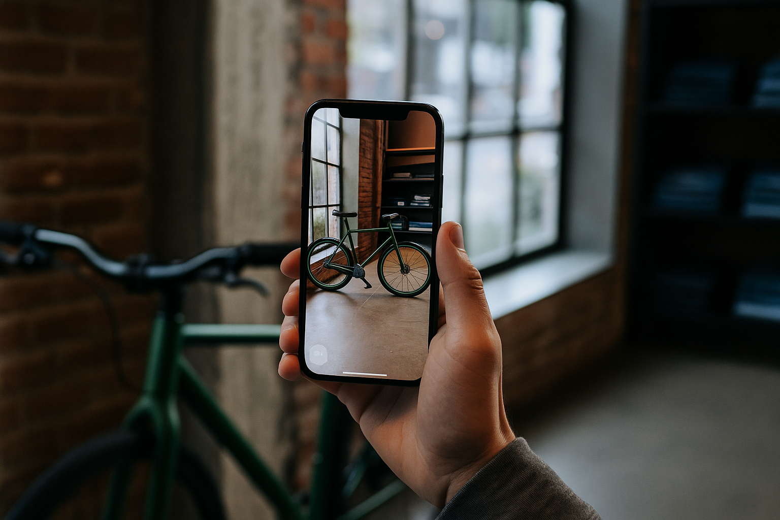 Person taking a photo of a green bicycle with a smartphone inside a room with brick walls and large windows.