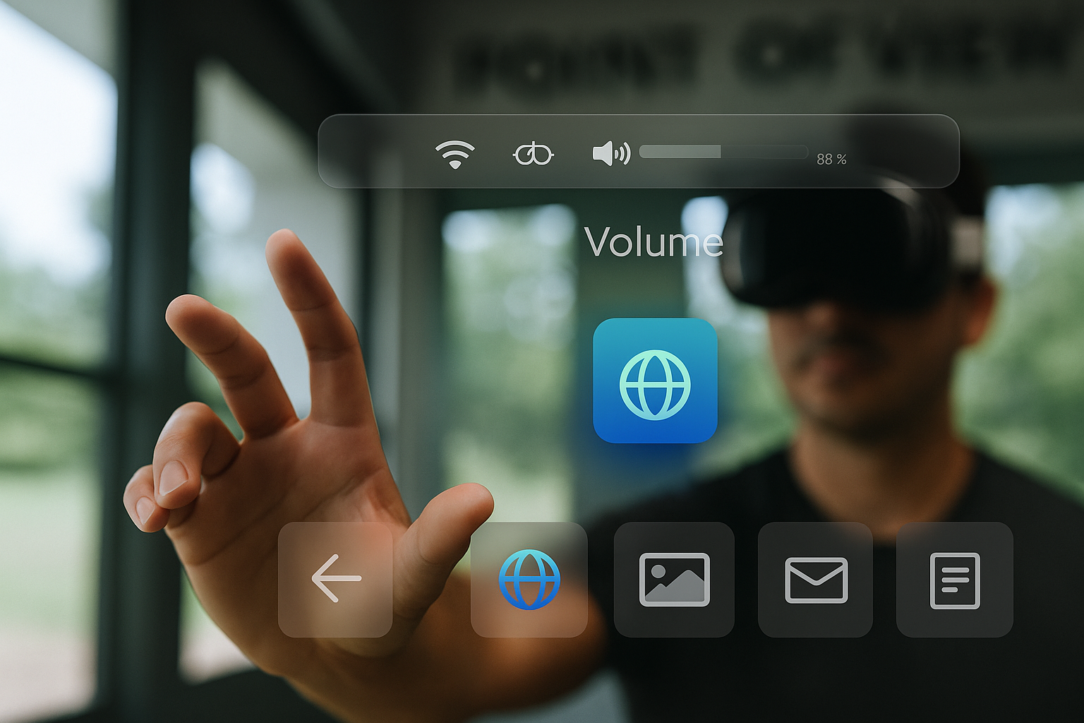 A person wearing virtual reality goggles interacts with a transparent digital interface displaying icons for Wi-Fi, Bluetooth, volume, web browser, images, email, and documents, with a blurred background of windows and greenery.