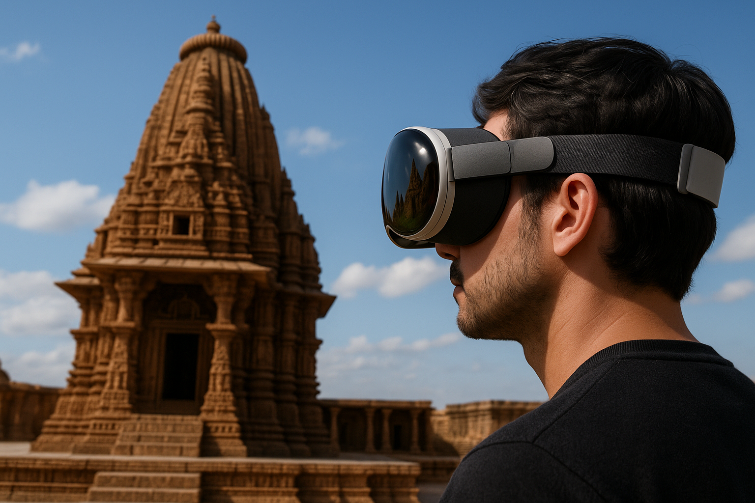 A man wearing a virtual reality headset stands in front of ancient Indian temple ruins against a blue sky with scattered clouds.