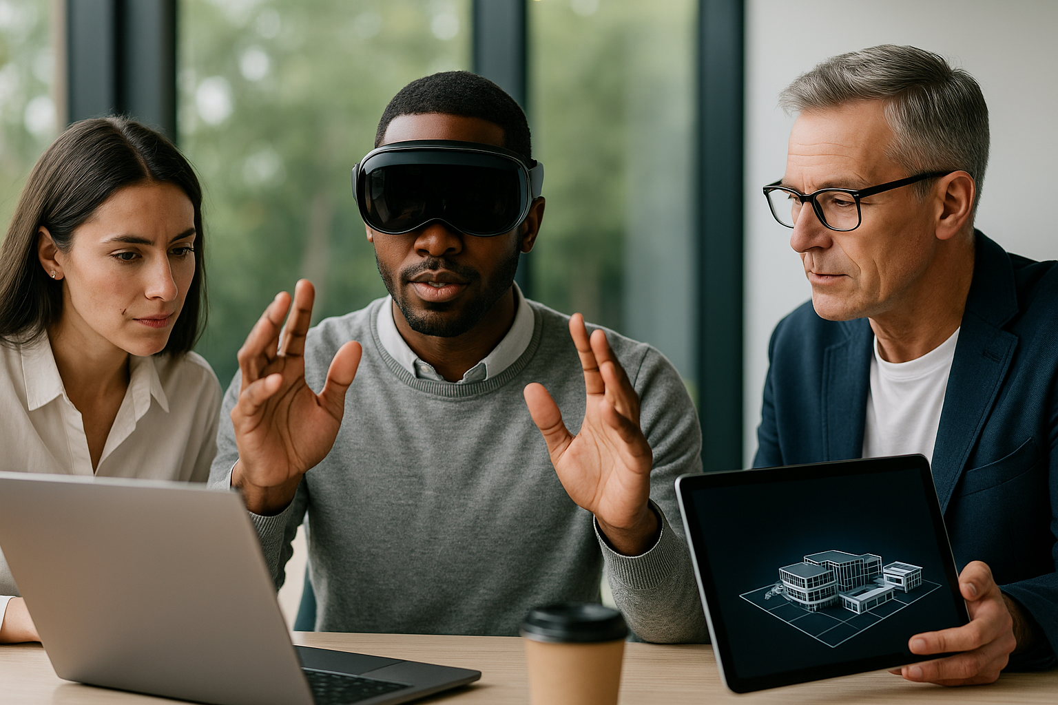 Three professionals, including a man with a virtual reality headset, are discussing a 3D building model on a tablet in a modern office.