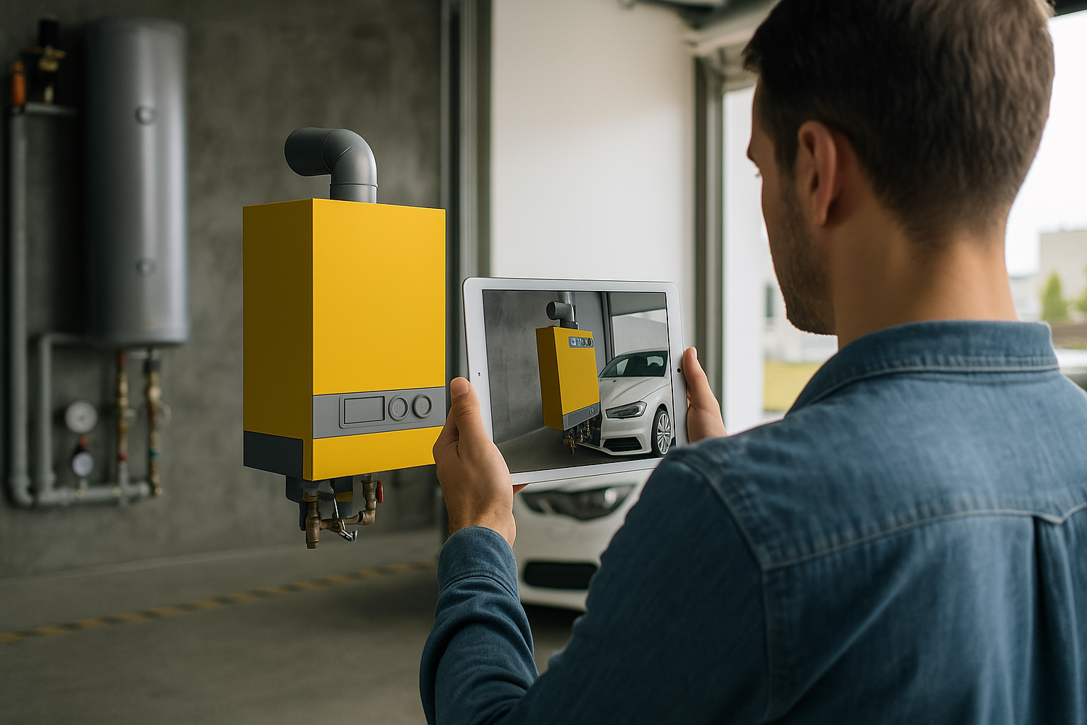 Man taking a photo of a yellow wall-mounted boiler with a tablet, in a garage with a car in the background.