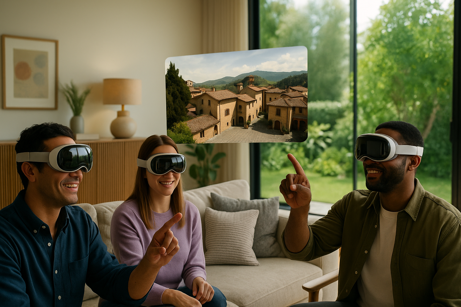 Three people wearing virtual reality headsets interacting during a virtual tour of a village scene.