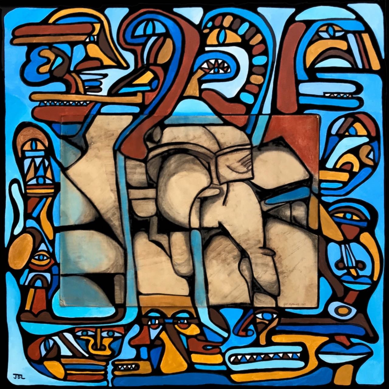Figurative Abstracts on Canvas | Faces | Blue Brown | Earth Tones | Red | Framed | Post-Modern|Paper