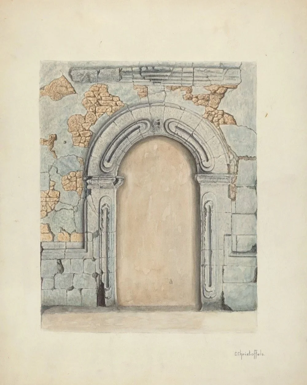 Stone Doorway, Carved (1939) — Cornelius Christoffels |  Index of American Design watercolor. Public domain. Source: National Gallery of Art, Washington. | 5:4 (H:W) Available in various Aspect Ratios.
 
 
  
   
    ✅ Add to Set List
   
 