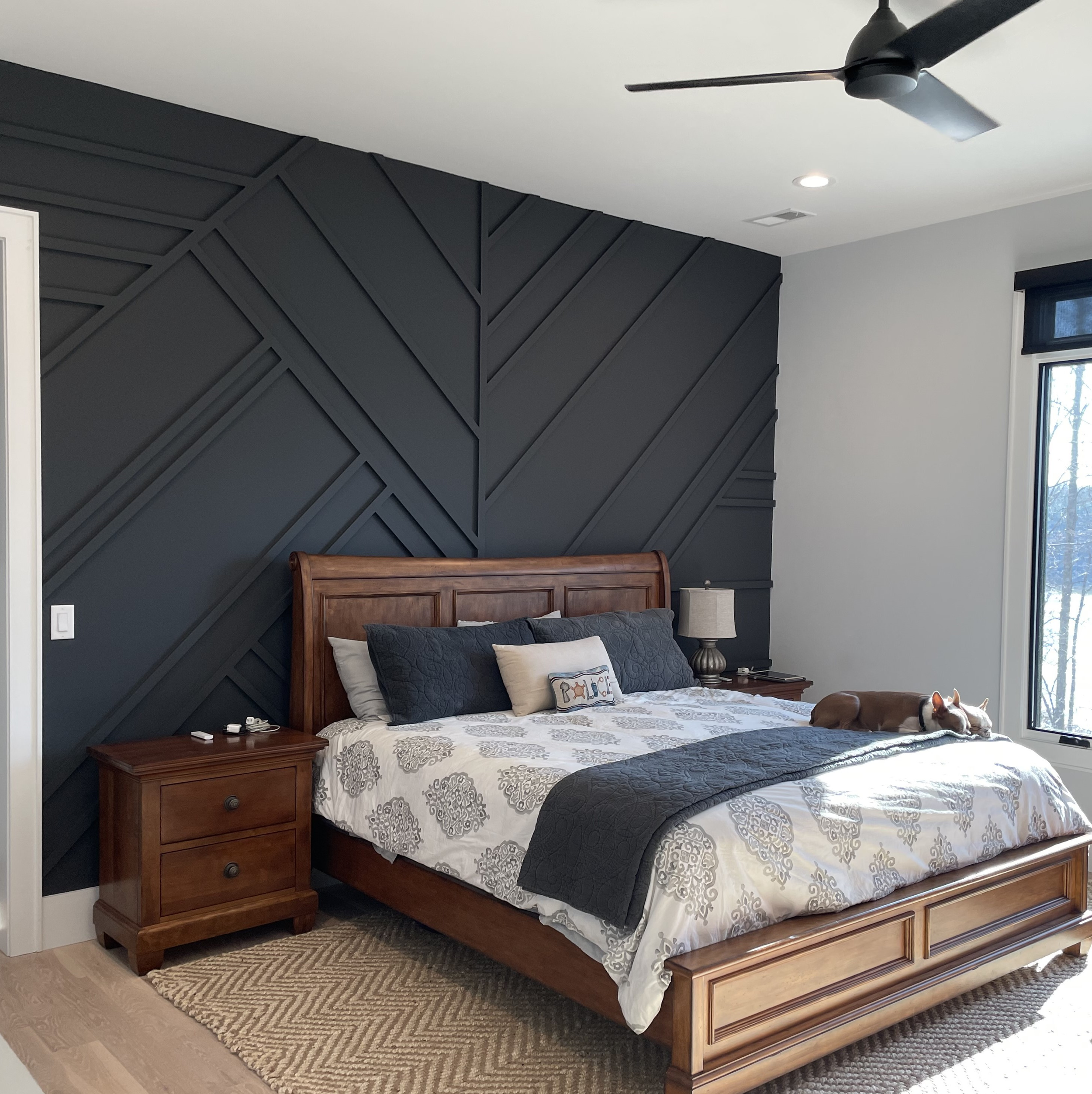 Residential Master Bedroom Navy Feature Wall Experential Wall Interior Design Spartanburg SC.png