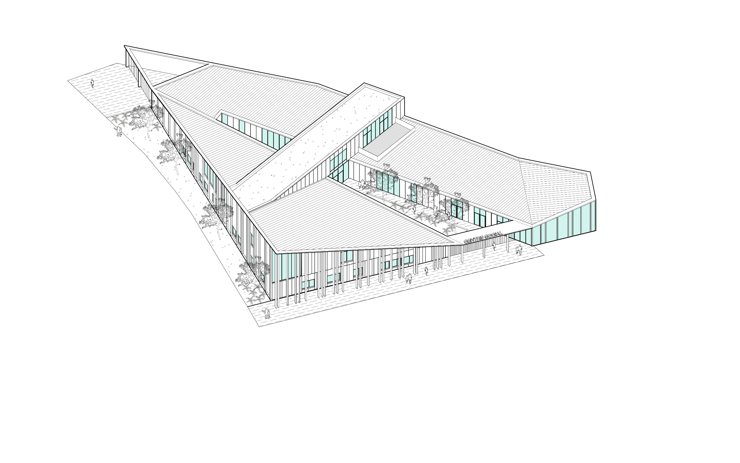 Centre Social de Bourbourg, CUD, Dunkerque, par BPLUSB architectures. Extension Réhabilitation, Bâtiment en structure mixte bois - béton, bardage acier. Architecture bioclimatique, frugalité, bas-carbone.