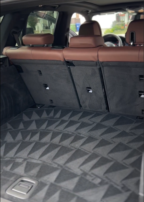 SUV trunk interior with folded rear seats and patterned mat