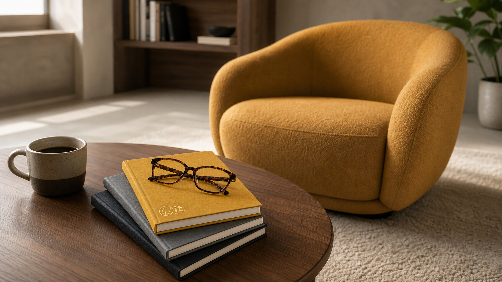 A cozy living room with a yellow upholstered armchair, a wooden coffee table holding a cup of coffee, a stack of four books, and a pair of tortoiseshell glasses. In the background, there is a bookshelf and a potted plant, with sunlight streaming through a nearby window.
