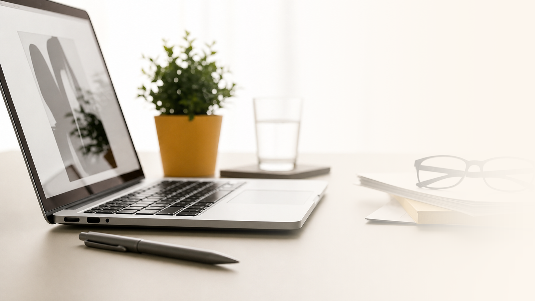 A minimalist workspace featuring a silver laptop, a gray pen, a small potted plant, a glass of water, a closed notebook, and a pair of eyeglasses on a white desk.
