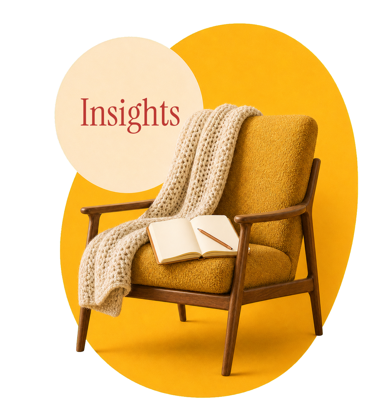 A yellow armchair with a chunky knit blanket draped over one arm and an open notebook with a pen on the seat. The background features a yellow oval with the word 'Insights' written inside a white circle.