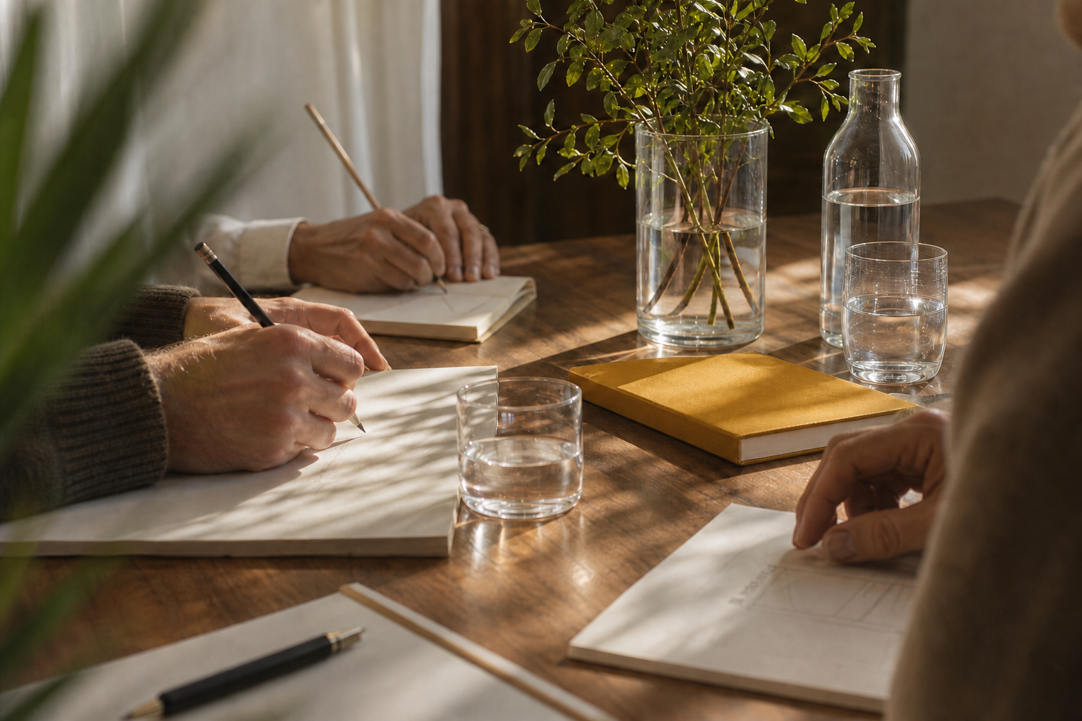 People sitting at a wooden table during a meeting or discussion, taking notes in notebooks with two glasses of water, a glass pitcher and a vase with green foliage.
