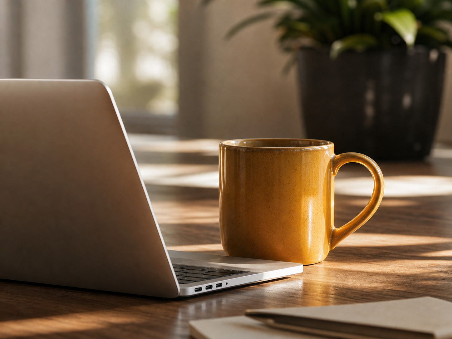 A workspace with a laptop, a yellow coffee mug, and a potted plant on a wooden table, sunlight streaming through a window.