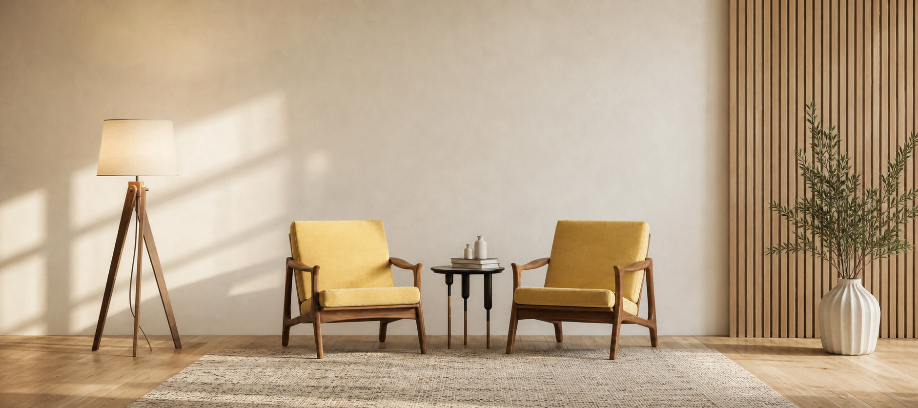 Living room with two yellow armchairs, a small black side table with books and vases, a tall wooden floor lamp, a large potted plant, wooden panel accent wall, and sunlight casting shadows.