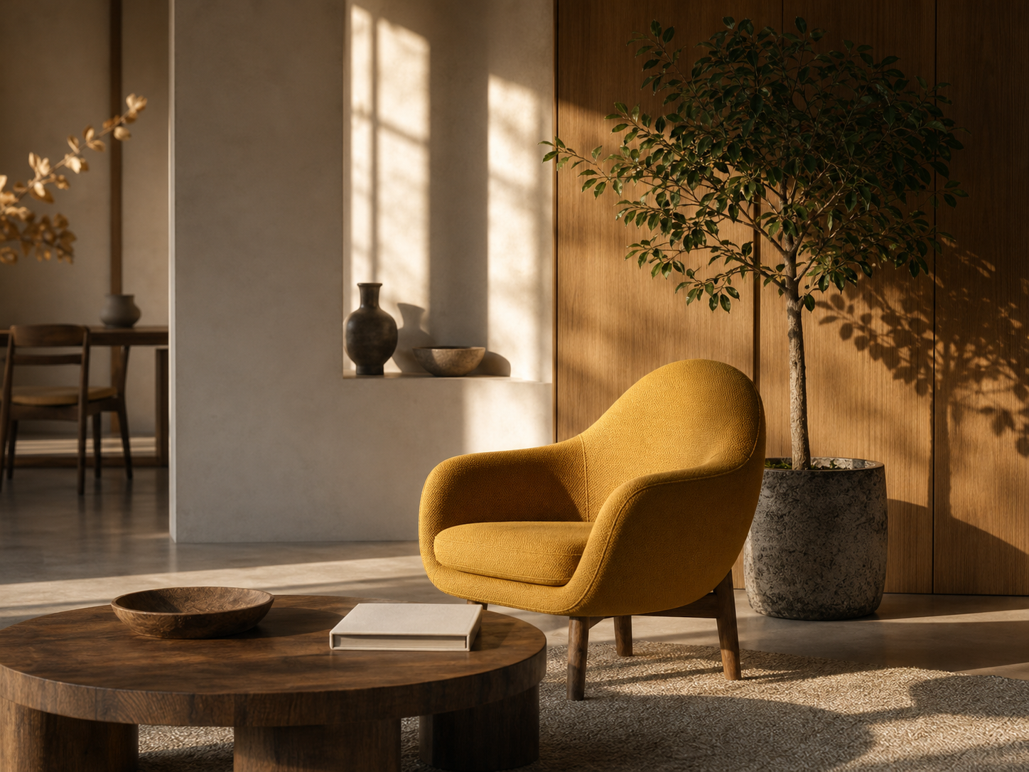 A cozy living room scene with a yellow armchair, a wooden coffee table with a bowl and a book, and a large potted tree casting shadows on the wall, illuminated by warm sunlight.