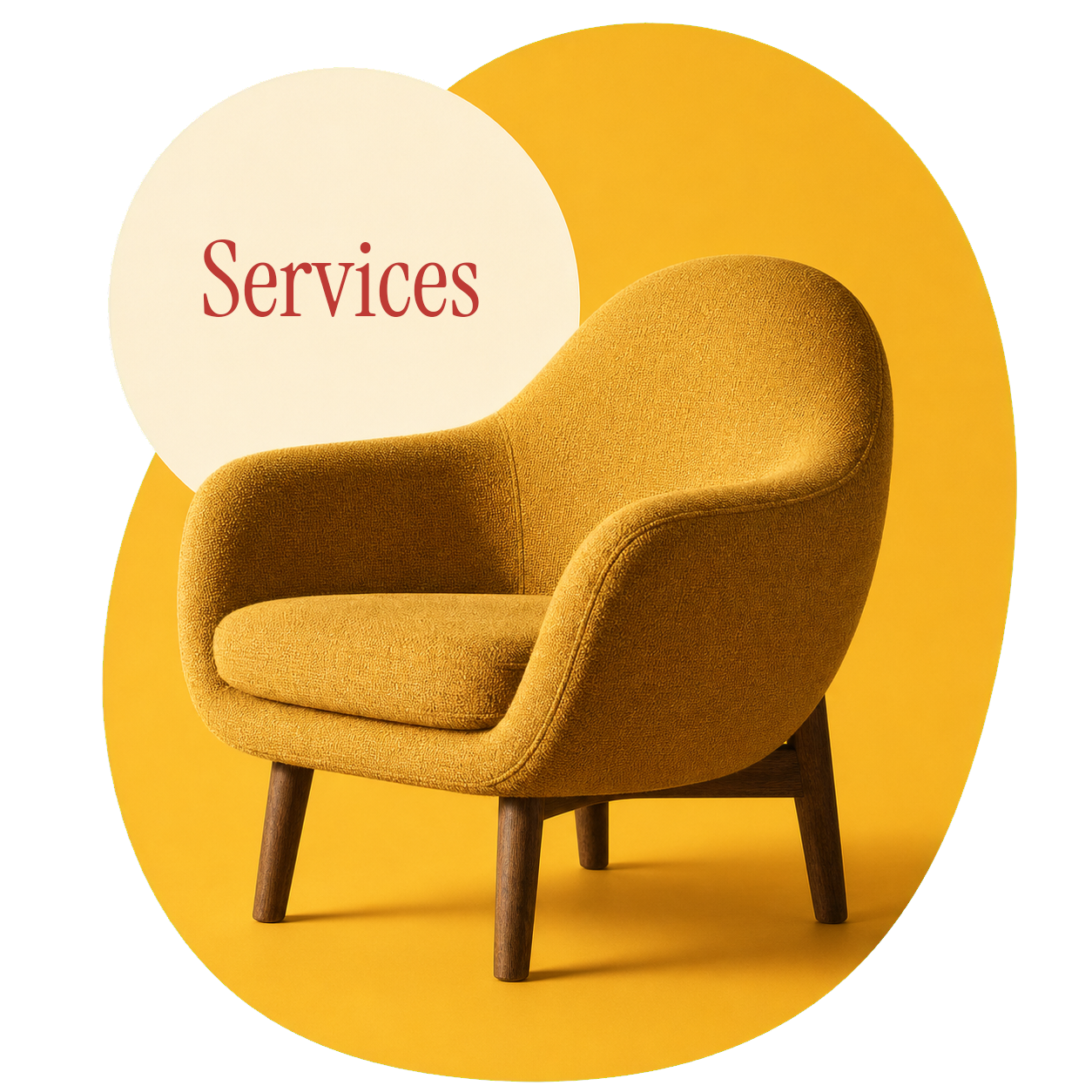 A yellow modern armchair with wooden legs against a yellow background, with the word 'Services' in red text inside a white circle.