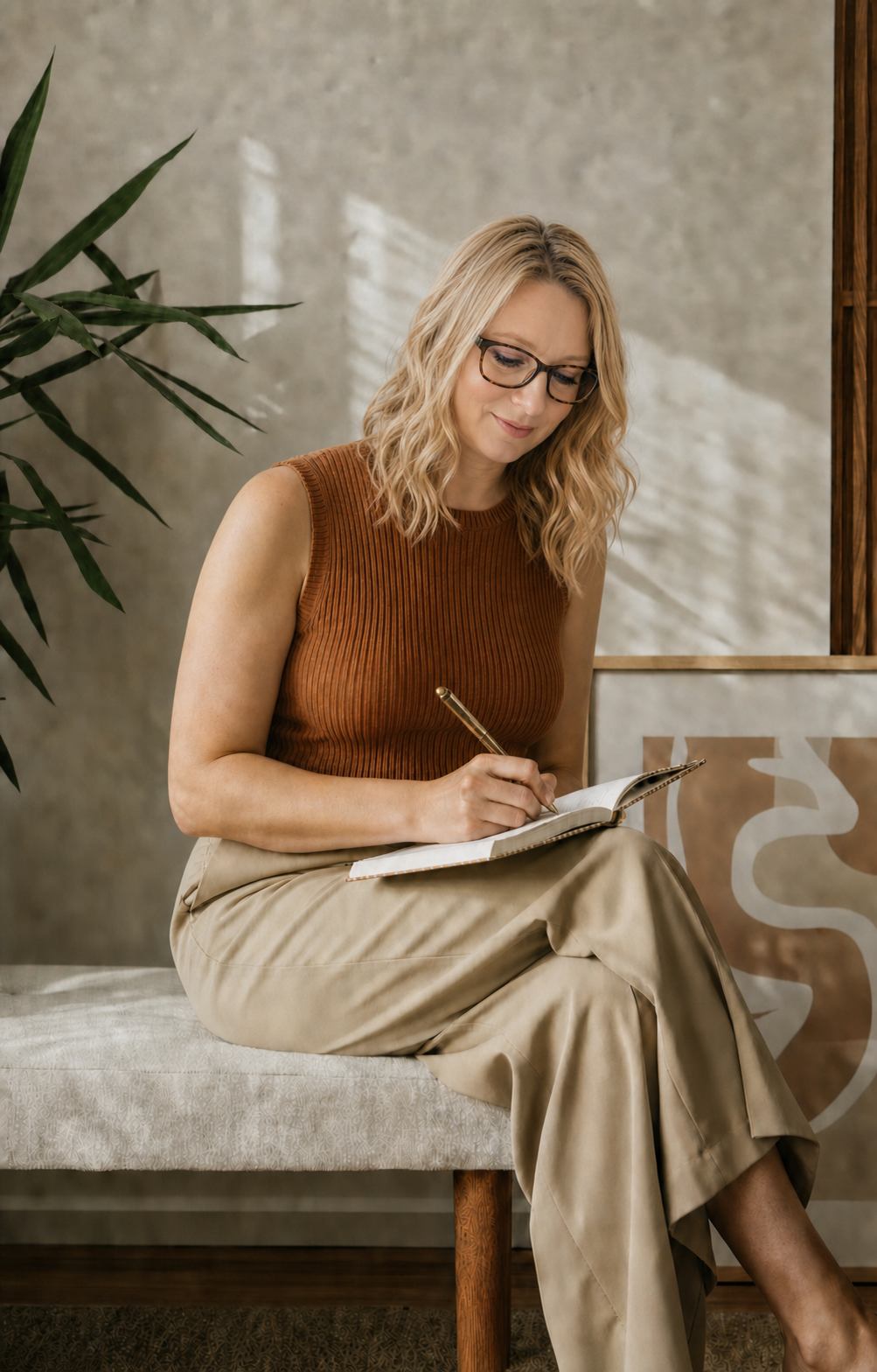 A woman with blonde, curly hair and glasses writing in a notebook while sitting on a bench indoors.