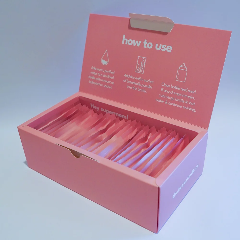 Essential Pack — freeze dried breastmilk powder sachets, custom labeled, 15L batch