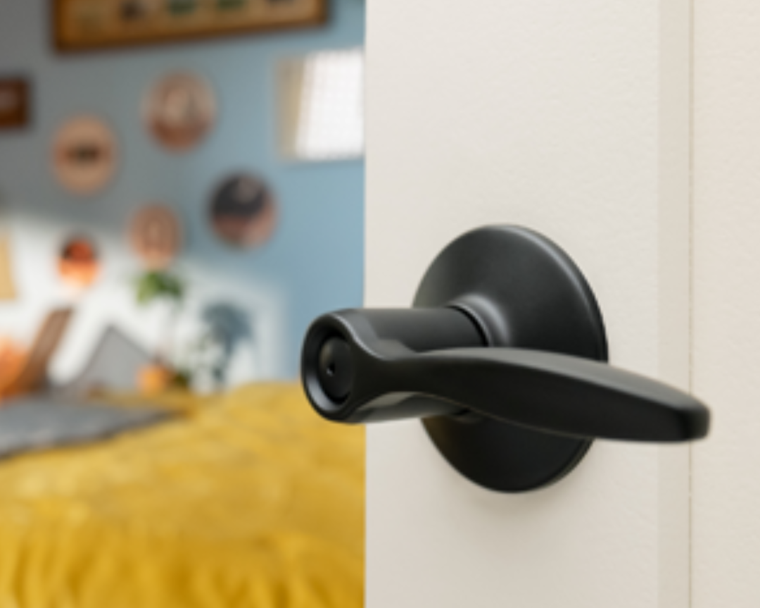 Close-up of a black door handle with a keyhole on a white door, with a blurred bedroom in the background.
