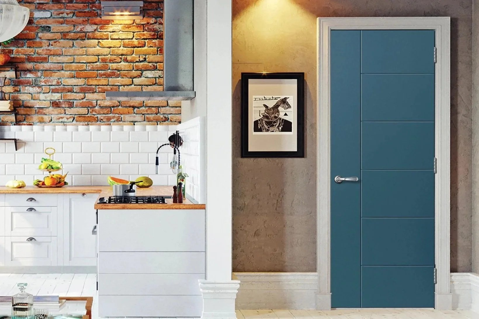Interior view of a kitchen with a brick wall, white cabinets, a wooden countertop, and a white tiled backsplash. There are dishes and fruit on the counter. On the wall, there's a framed black-and-white artwork and a blue door, with beige textured wal