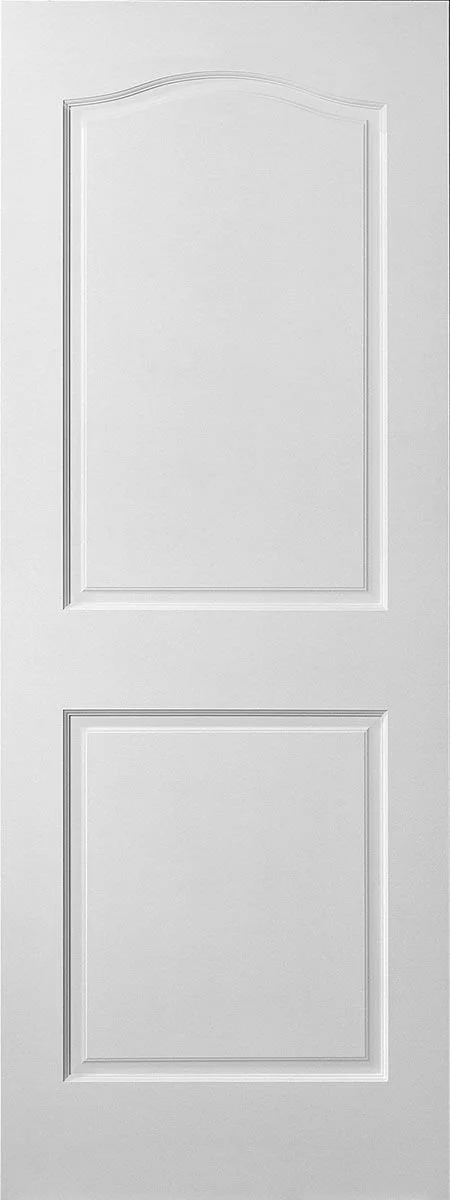 White door with two rectangular panels and decorative molding.