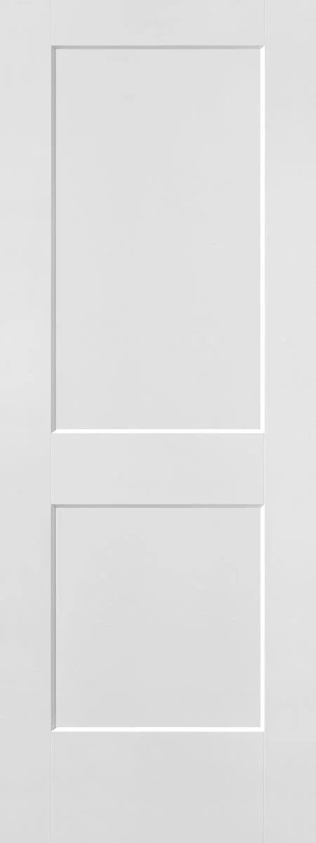 A plain white cabinet door with two recessed panels, one above the other, and a subtle shadow around the edges.