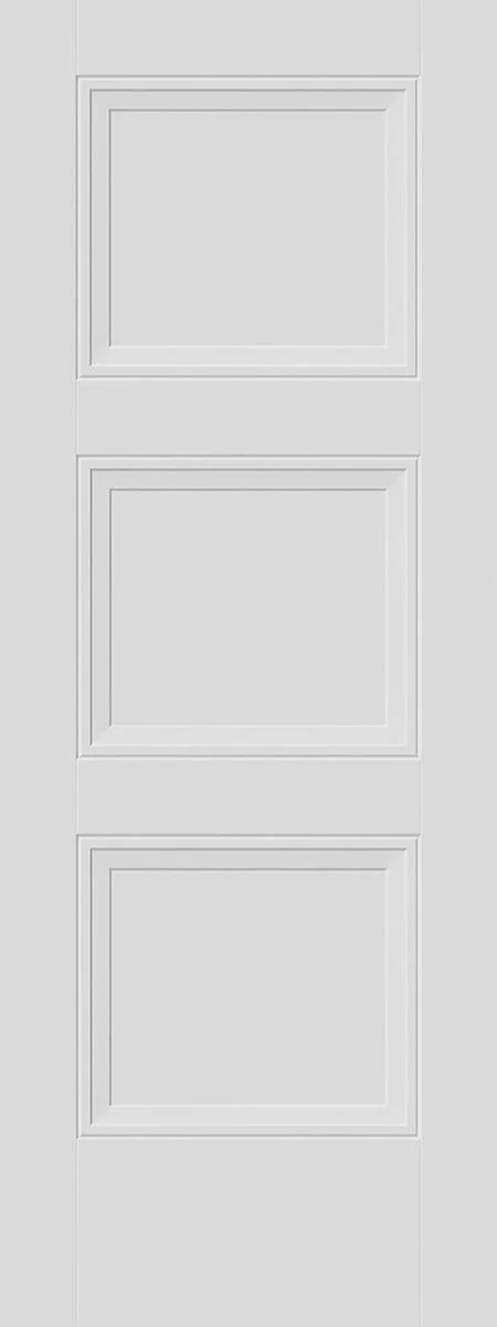 A white door with three rectangular panels, each bordered by decorative molding.