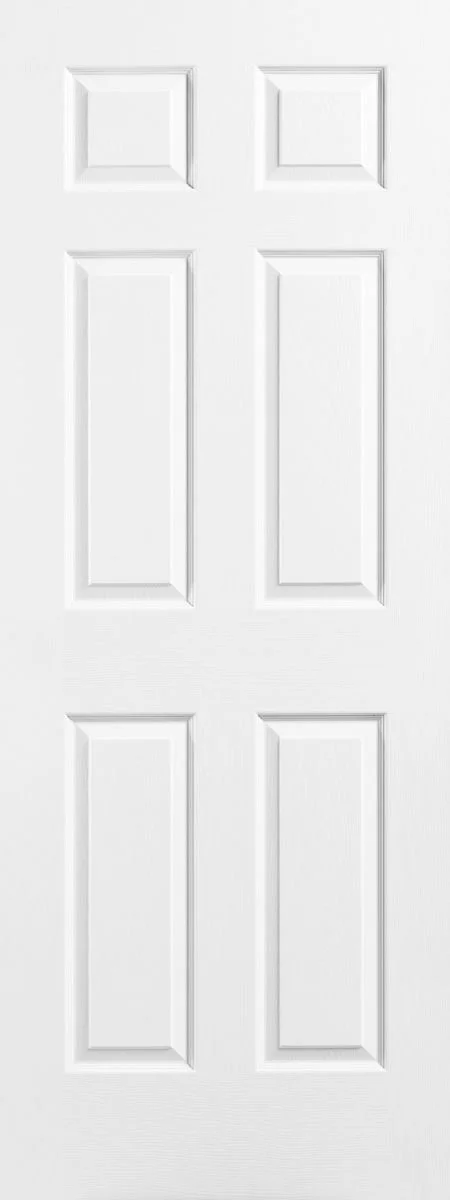 White six-panel interior door with raised rectangular molding