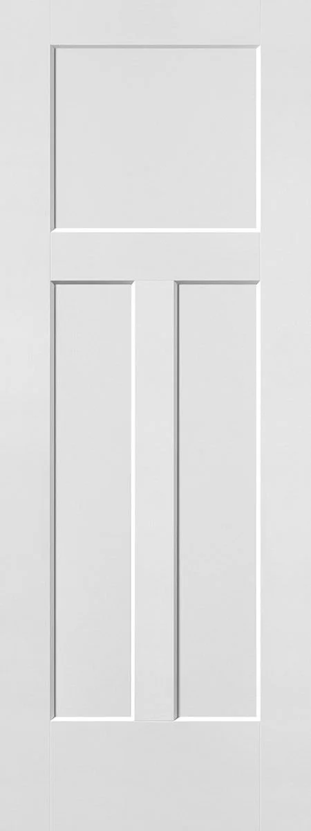 A white, wooden interior door with a large rectangular panel at the top and two vertical panels at the bottom, set in a white wall.