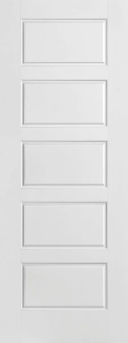 White paneled interior door with decorative molding.