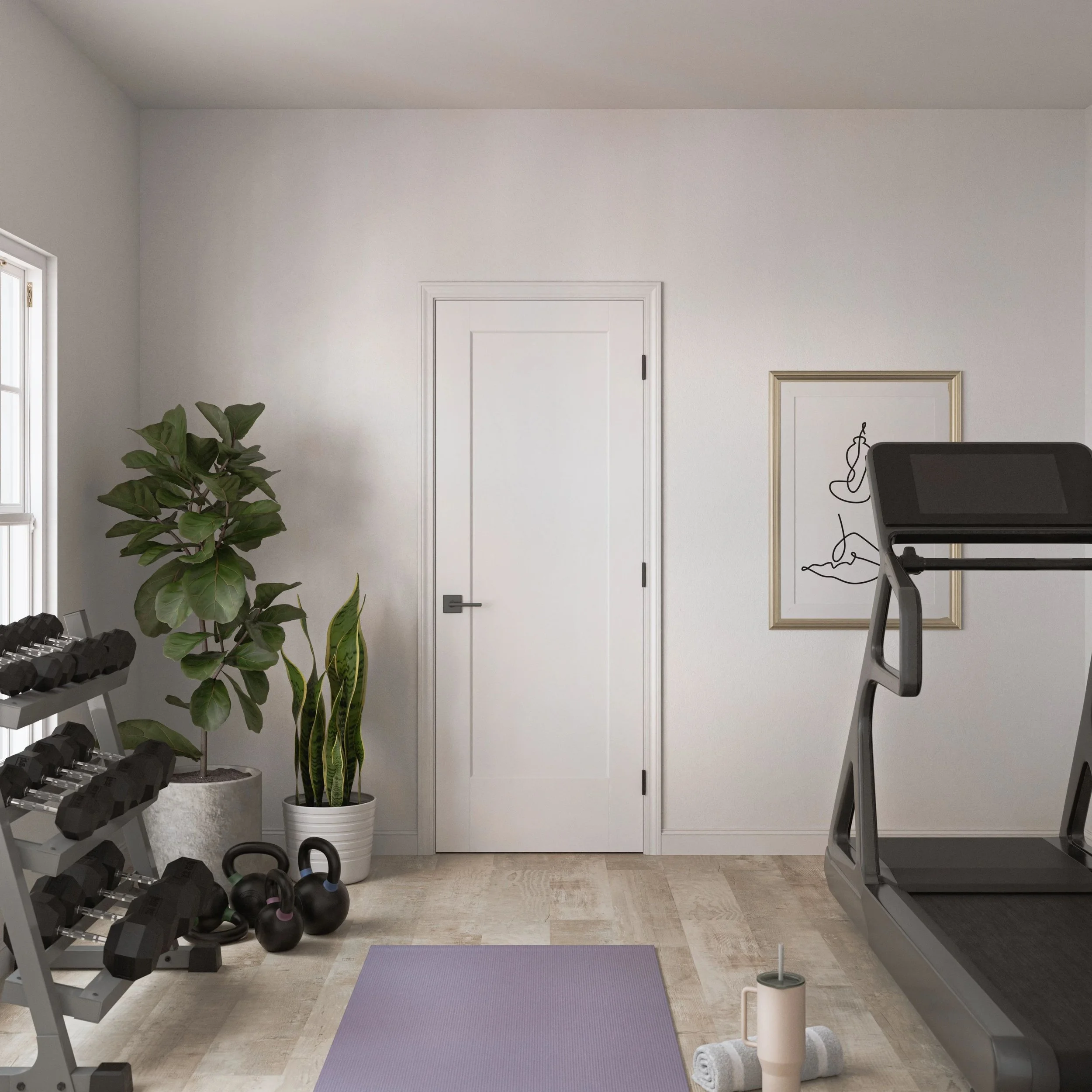 Home gym with exercise equipment, including a treadmill, dumbbells, kettlebells, and exercise mats, located near potted plants and artwork on the wall.