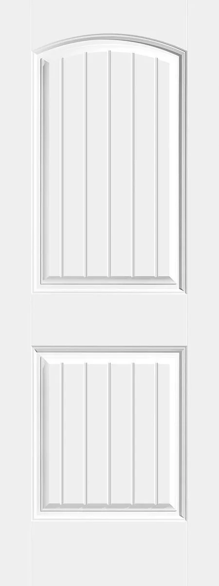A white wooden door with two vertical panel sections, one above the other, separated by a horizontal molding.