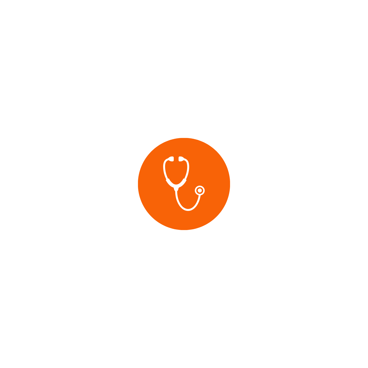 Logo featuring a stethoscope inside an orange circle, indicating healthcare or medical services for back pain, neck pain, shoulder pain, hip pain and knee pain.