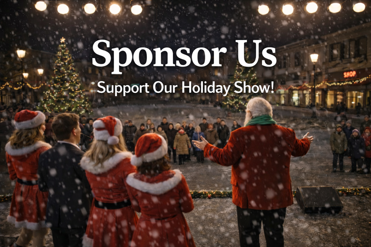 People dressed in holiday attire, including Santa hats, gather outside during a snowy night for a holiday show, with Christmas trees and festive lights in the background. Tampa Bay Holiday Show Clearwater Florida