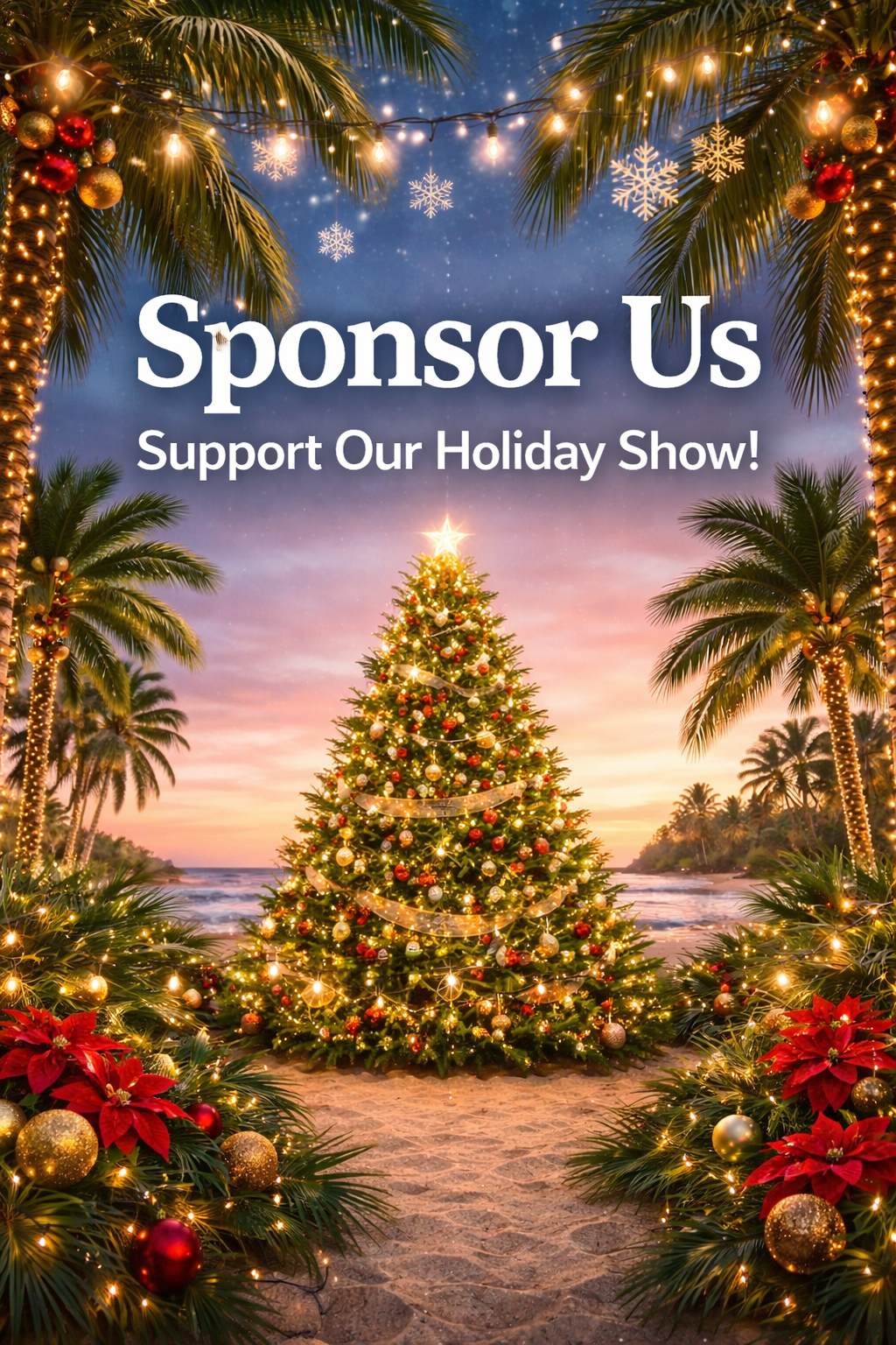 Decorated Christmas tree on the beach at sunset, surrounded by palm trees and Christmas ornaments. Tampa Bay Holiday Show Clearwater Florida