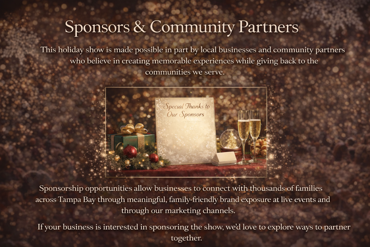 A webpage with a festive background featuring gold and bronze glitter. The page is about sponsorship and community partners for a holiday show, including a centered image of a table with Christmas decorations, a thank you sign to sponsors, and two glasses of champagne.