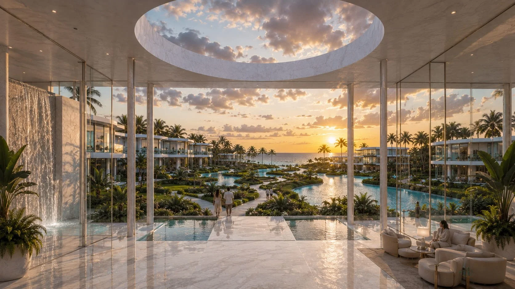 Grand Lobby view of luxury resort architecture in Punta Cana, Dominican Republic showing beachfront villa layout and tropical landscaping