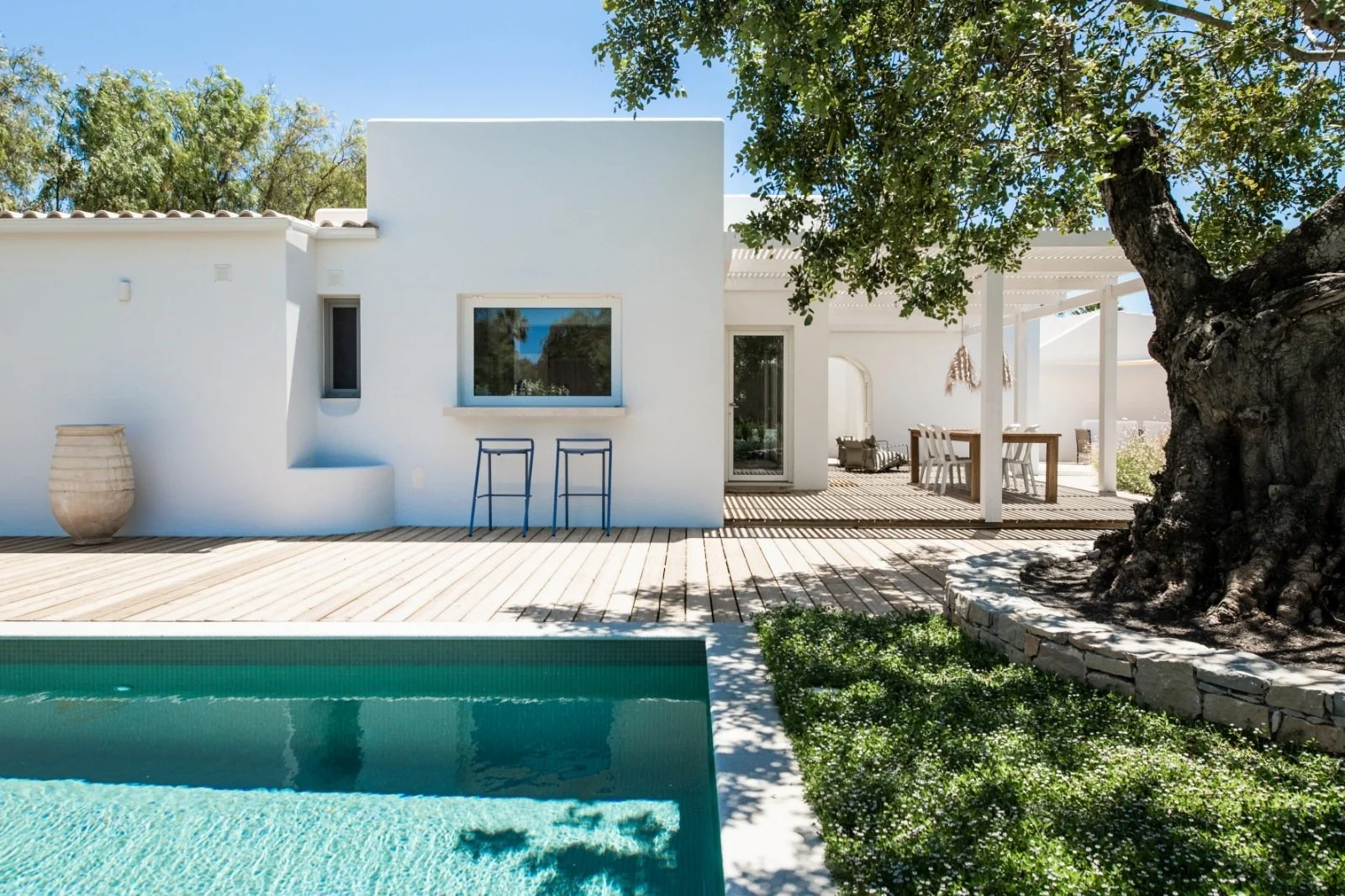 Modern white house with outdoor patio, swimming pool, and large tree with shade. Beautifully designed garden and landscape with low water consumption plants - in Algarve.