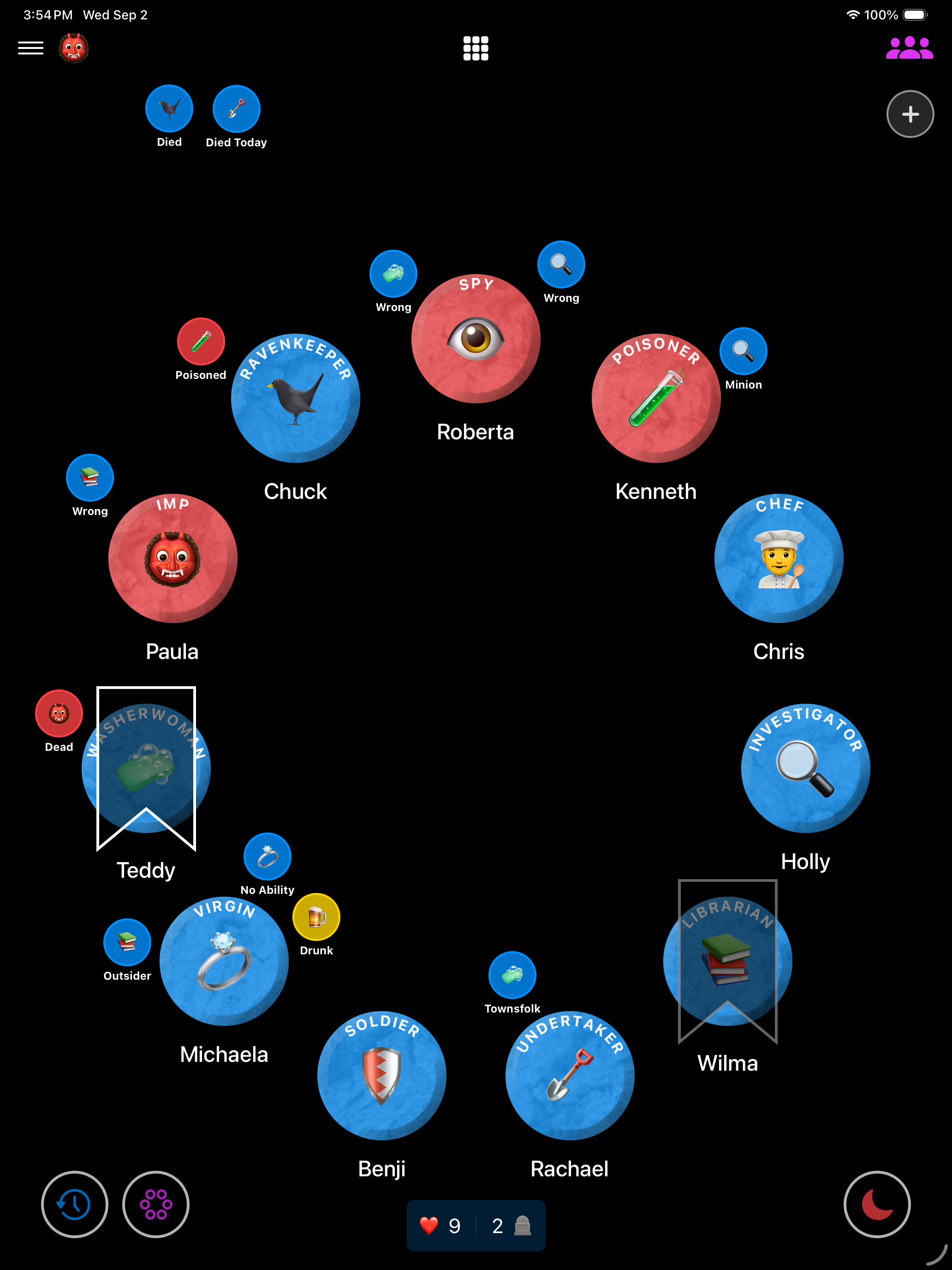 Player tokens and reminder tokens arranged by seat in the digital grimoire app.
