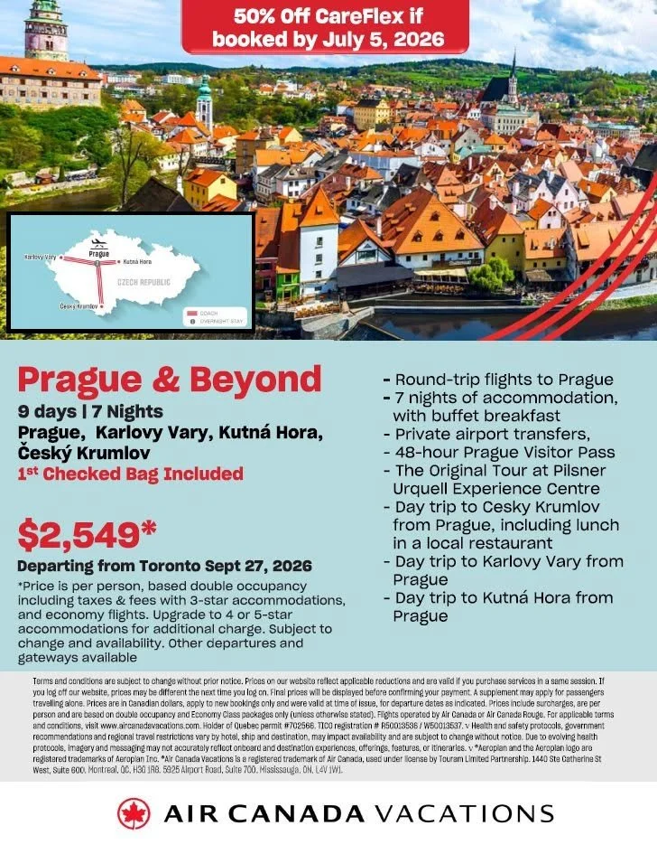 A scenic view of Prague, featuring colorful rooftops, historic buildings, and a river with a bridge. An inset map shows the location in the Czech Republic.