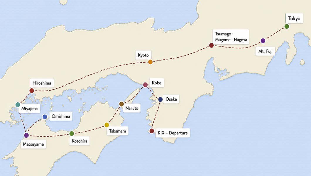 Map of Japan showing the train route with stations including Tokyo, Mt. Fuji, Nagoya, Kyoto, Kobe, Osaka, Naruto, Takamura, KOTOHIRA, Miyajima, Hiroshima, Omishima, Matsuyama, and Tsumago.