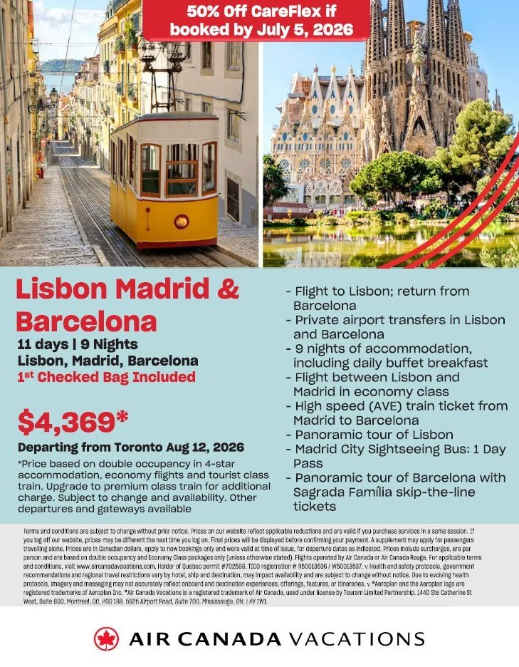 Travel package flyer for Lisbon, Madrid, and Barcelona, including details about flights, accommodations, tours, and transportation, with a discount offer valid if booked by July 5, 2026.
