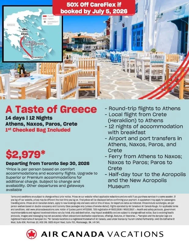Banner advertising a Greece travel package with a map of Greece, promotional travel images, and details about the trip including flights, accommodations, transfers, and tours. The package costs $2,979 and departs from Toronto on September 30, 2026, with a 50% discount if booked by July 5, 2026.