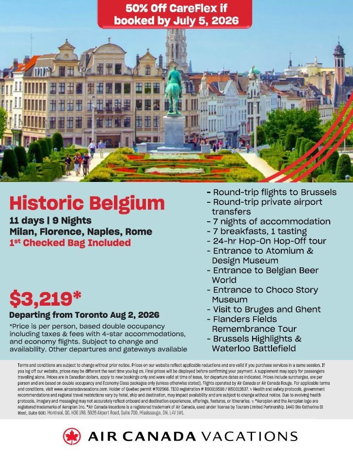 Tourist spot in Belgium with historic buildings, a statue of a man on horseback, and well-maintained gardens, with promotional text about a vacation package to Belgium.